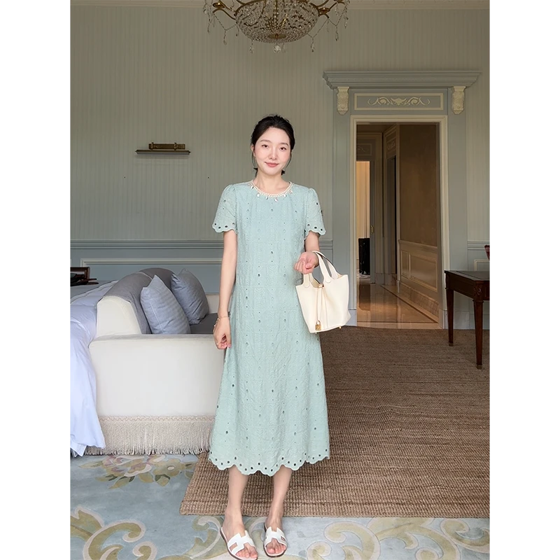 郭九九呢 100%棉气质简约绣花镂空花边宽松显瘦连衣裙 G925Q07026