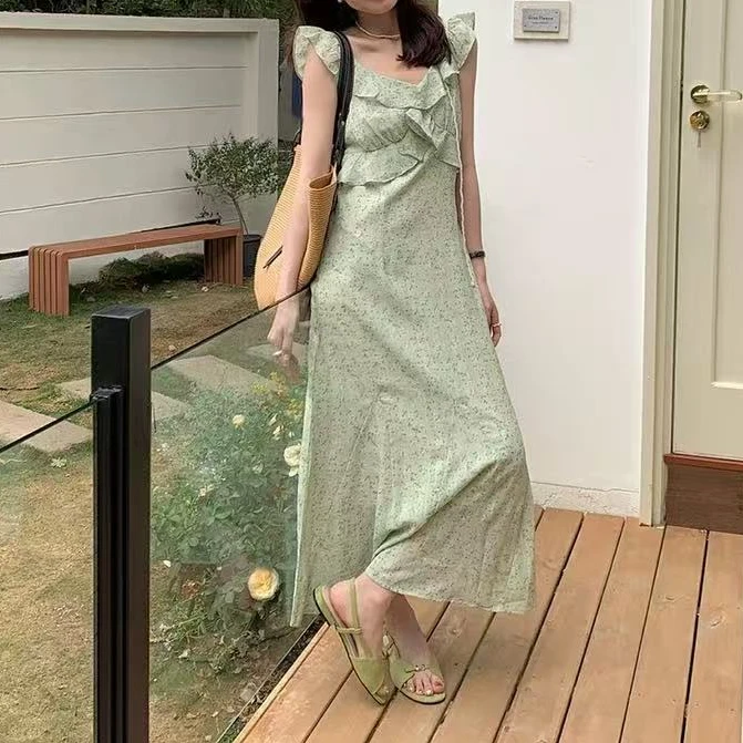 8539#【长122】2025新款气质显瘦法式飞飞袖碎花连衣裙