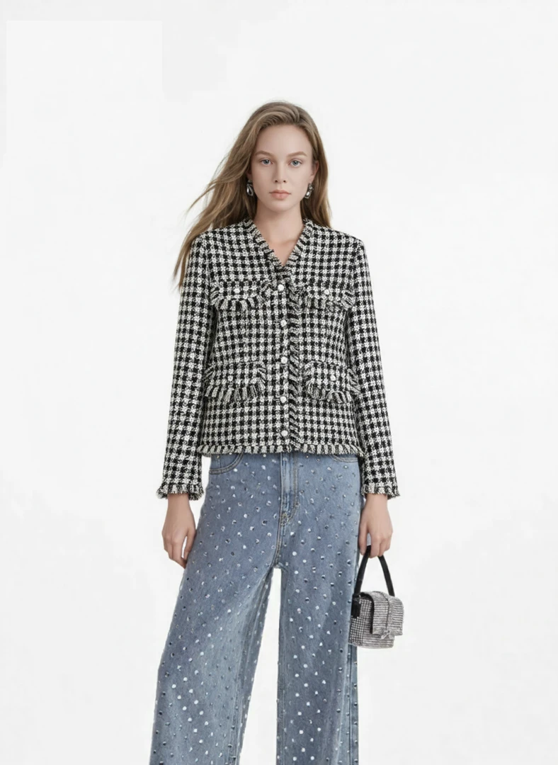 法式轻奢经典百搭显瘦黑白格小香风外套秋冬时尚气质时髦短外套