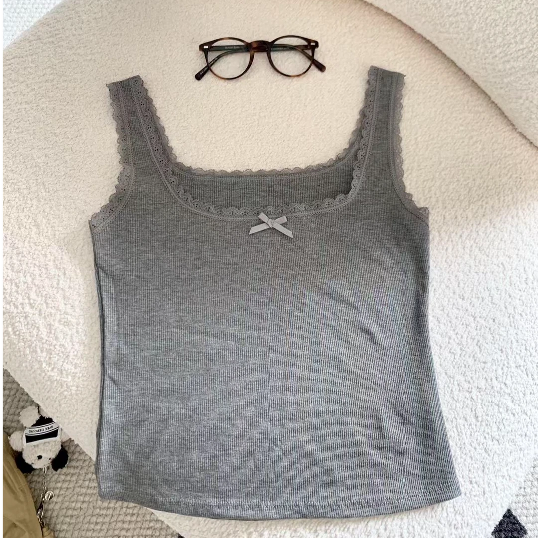 JIREH以乐(o^^o)  韩货 修身短款纯色花边吊带背心