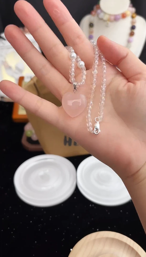 未镶嵌珠宝半成品水晶粉水爱心项链