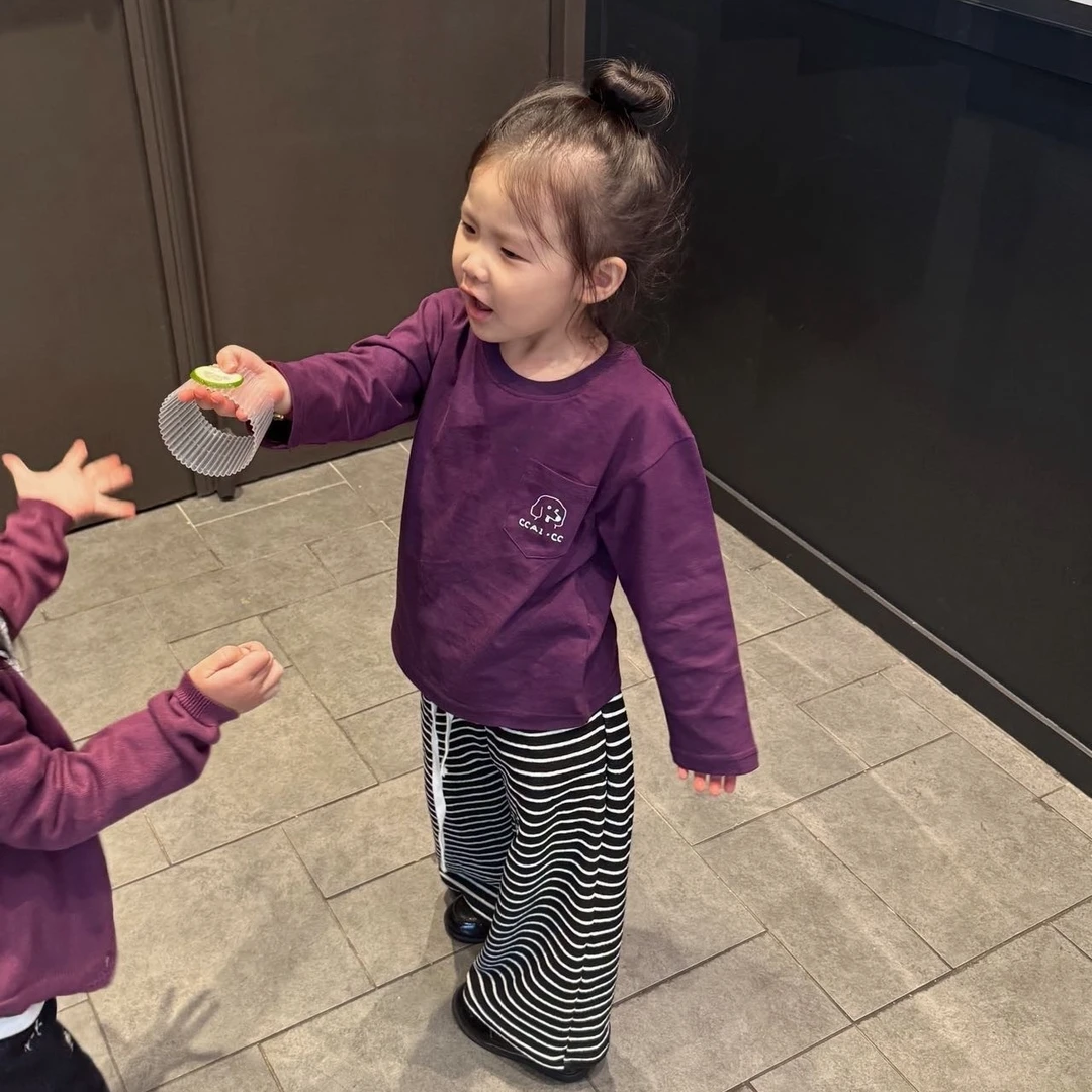 壹妈童装女童时尚套装秋季新款洋气儿童紫色长袖T恤休闲条纹长裤