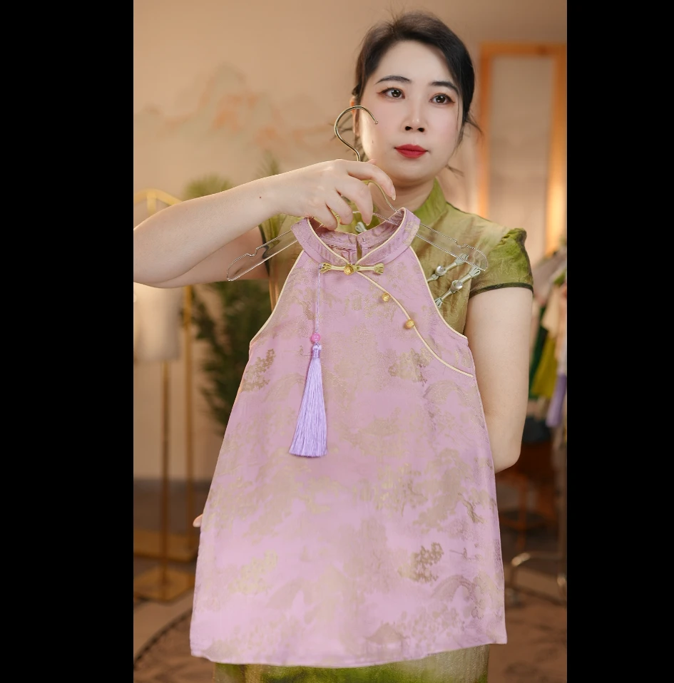 F【桃夭】人丝双面织#女童夏季短袖中国风儿童气质古风中式旗袍裙