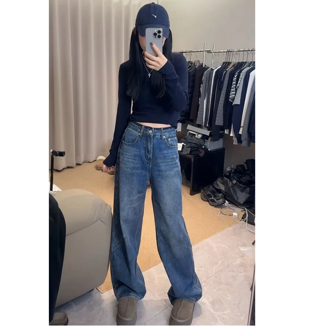 秋装新款港风高腰牛仔阔腿裤女设计感小众百搭洋气减龄休闲裤