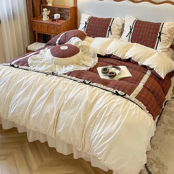 法式公主风全棉床裙款四件套立体蝴蝶结褶皱花边被套纯棉床上用品