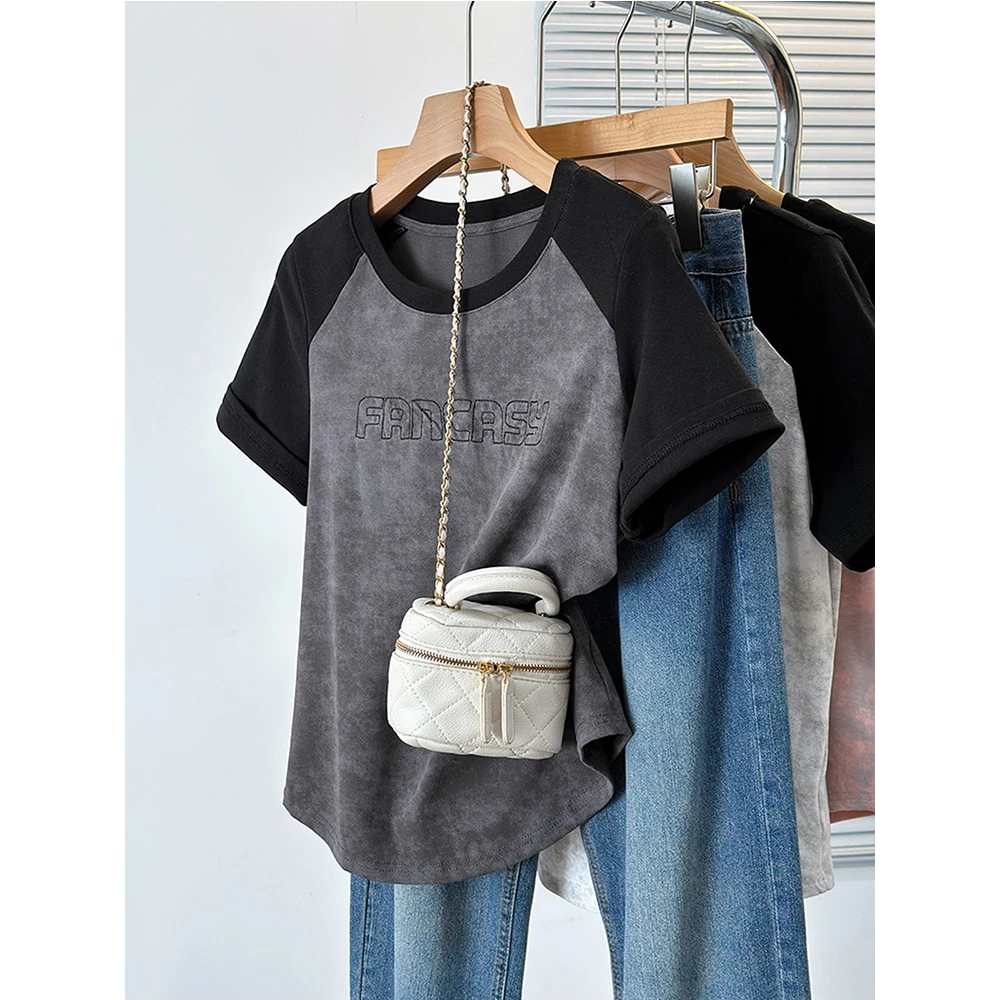 大码胖妹妹扎染字母印花插肩短袖T恤女夏季显瘦正肩上衣遮肚藏肉