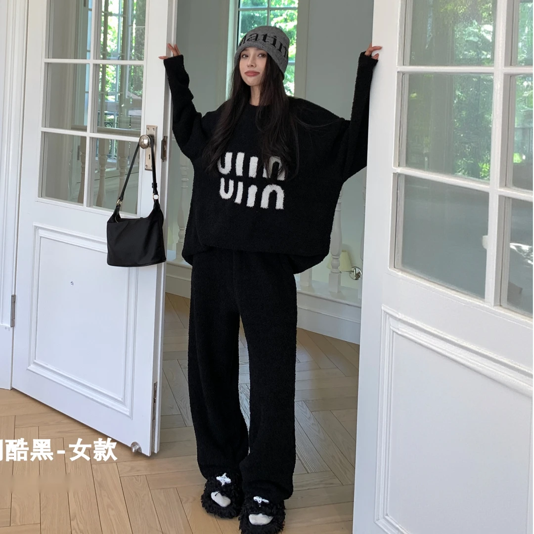 半边绒情侣MM套装秋冬冬季新款家居服睡衣圆领韩版长袖网红休闲