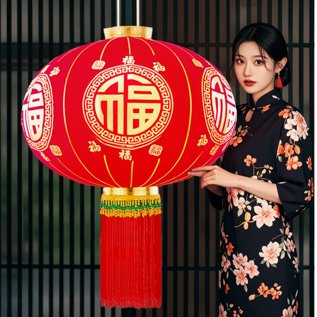 【优质】新款大红灯笼挂饰过年春节户外大门口阳台一对植绒红灯笼