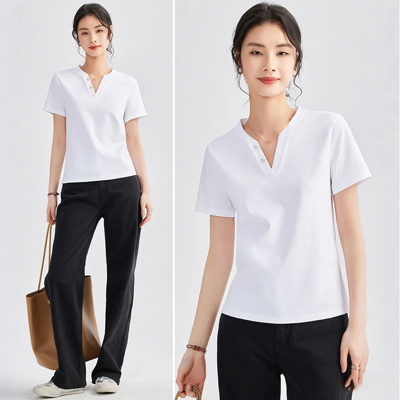夏季新款V领气质正肩纯色显瘦T恤2025纽扣装饰百搭修身短袖女E963