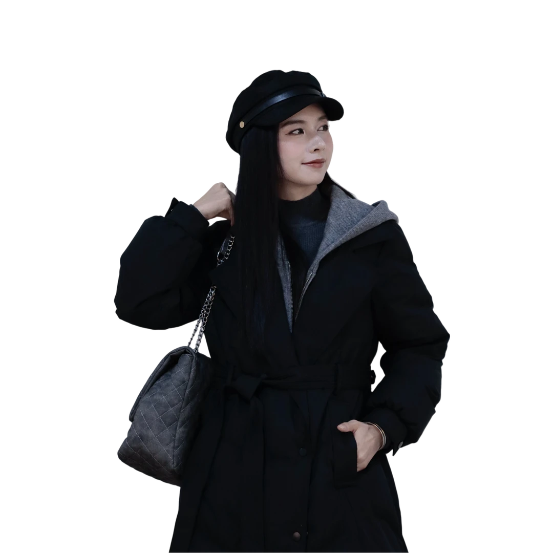 25冬季新品LIUKE留刻带帽绑带修身长款羽绒服34451024535