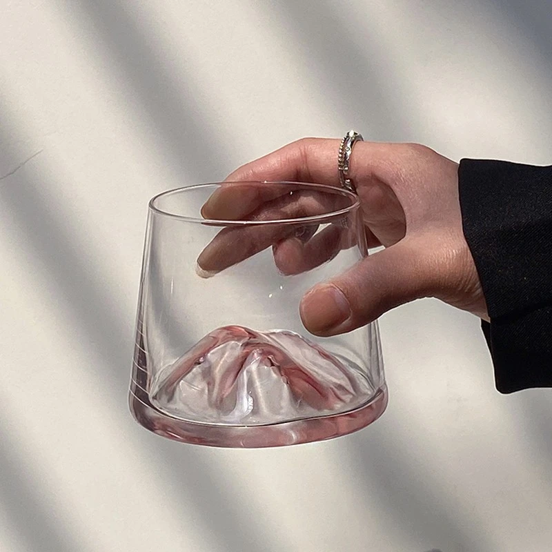 观山杯中古高级杯感创意粉色山脉富士山杯家用玻璃威士忌酒杯洋酒