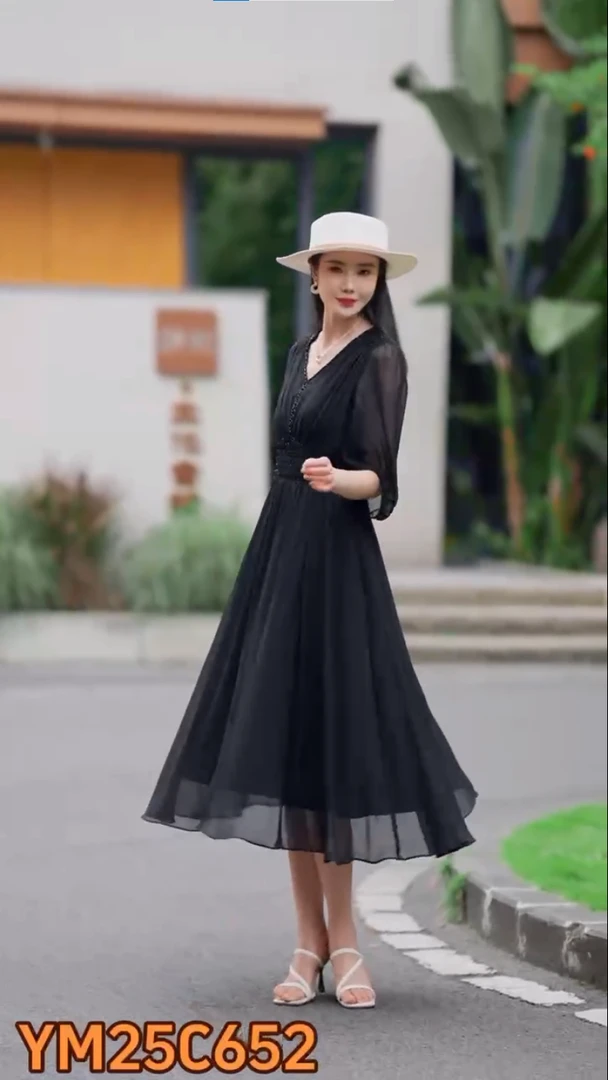 特价黑色长裙纯色夏季高腰连衣裙长款气质裙子设计师显瘦优雅c652