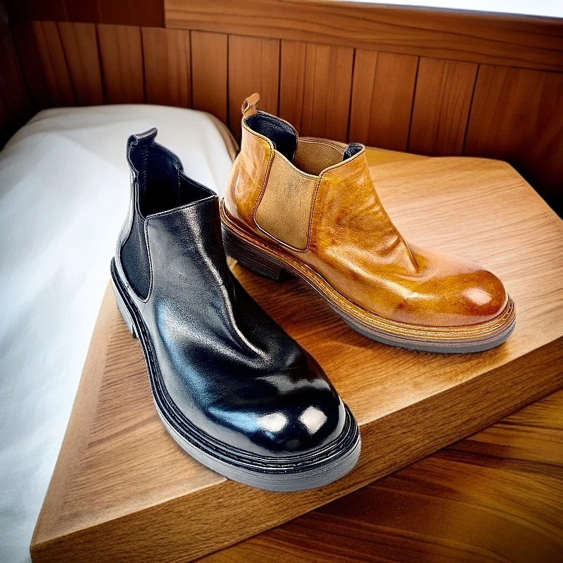 小白切尔西靴时尚复古水洗真牛皮底高帮男士皮靴休闲皮鞋短靴大头