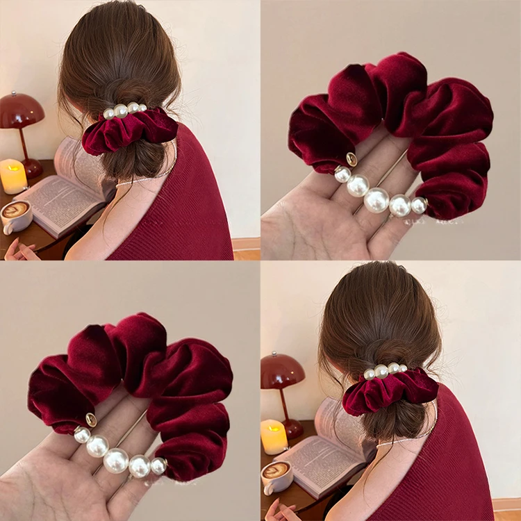 新年红色丝绒珍珠大肠发圈女2025新款丸子头头绳冬季发绳过年发饰