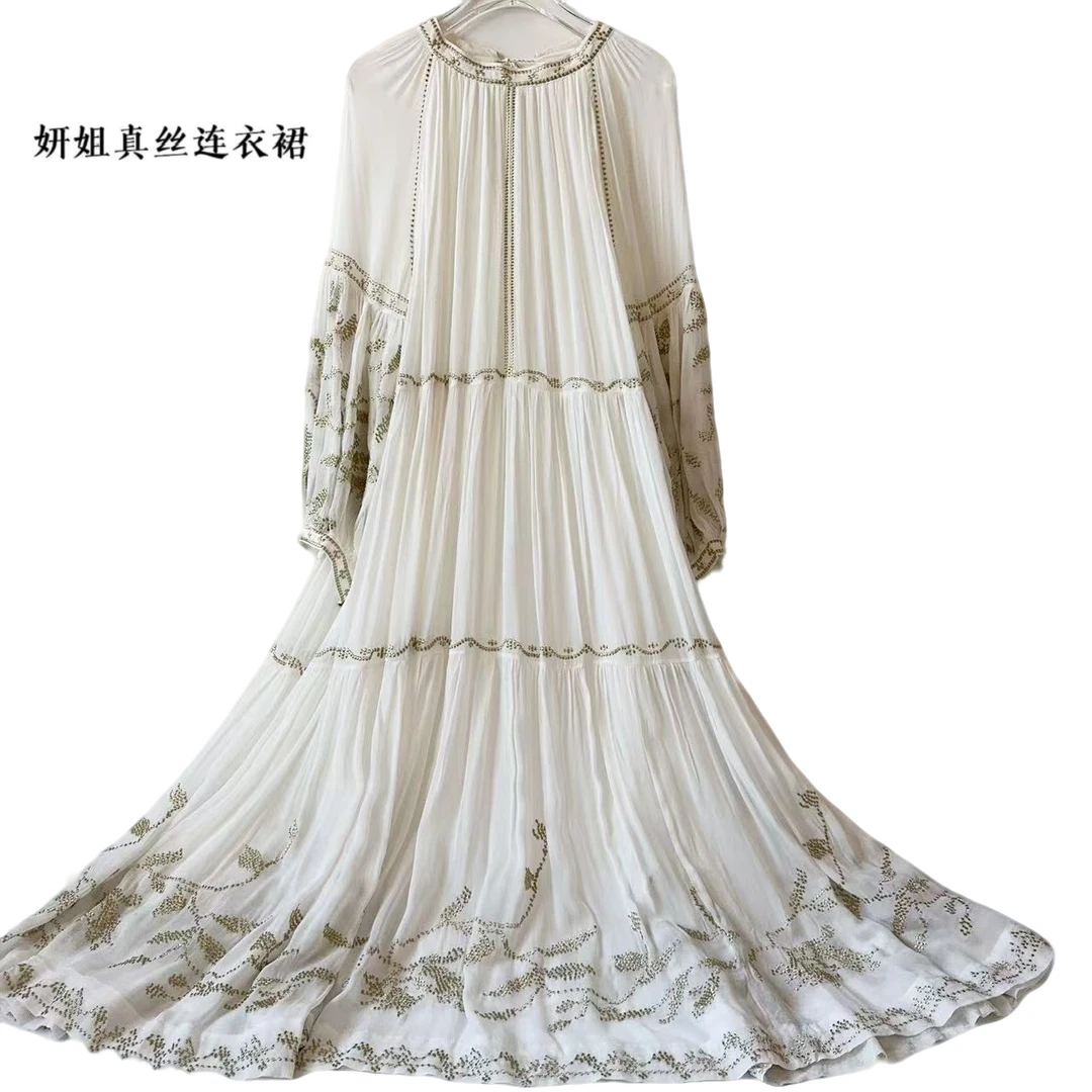 妍姐真丝2025新款气质时尚百搭轻奢立领女装长裙优雅 白色 230195