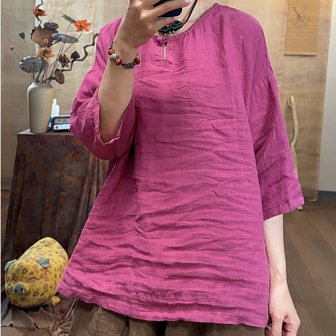 【麻黛儿】手工线圆领盘扣夏季炒色麻衣（长68胸围138）