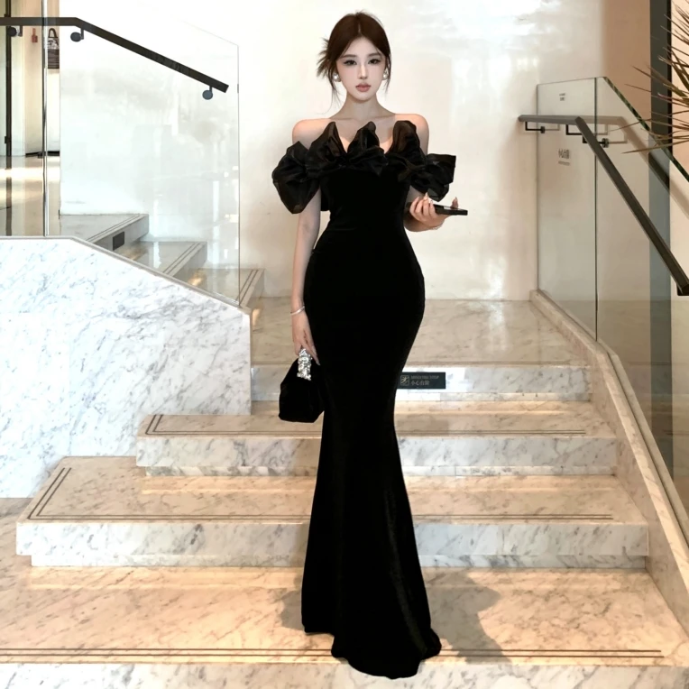 轻奢泰越风一字肩荷叶边连衣裙高级感丝绒气质名媛长裙宴会晚礼服