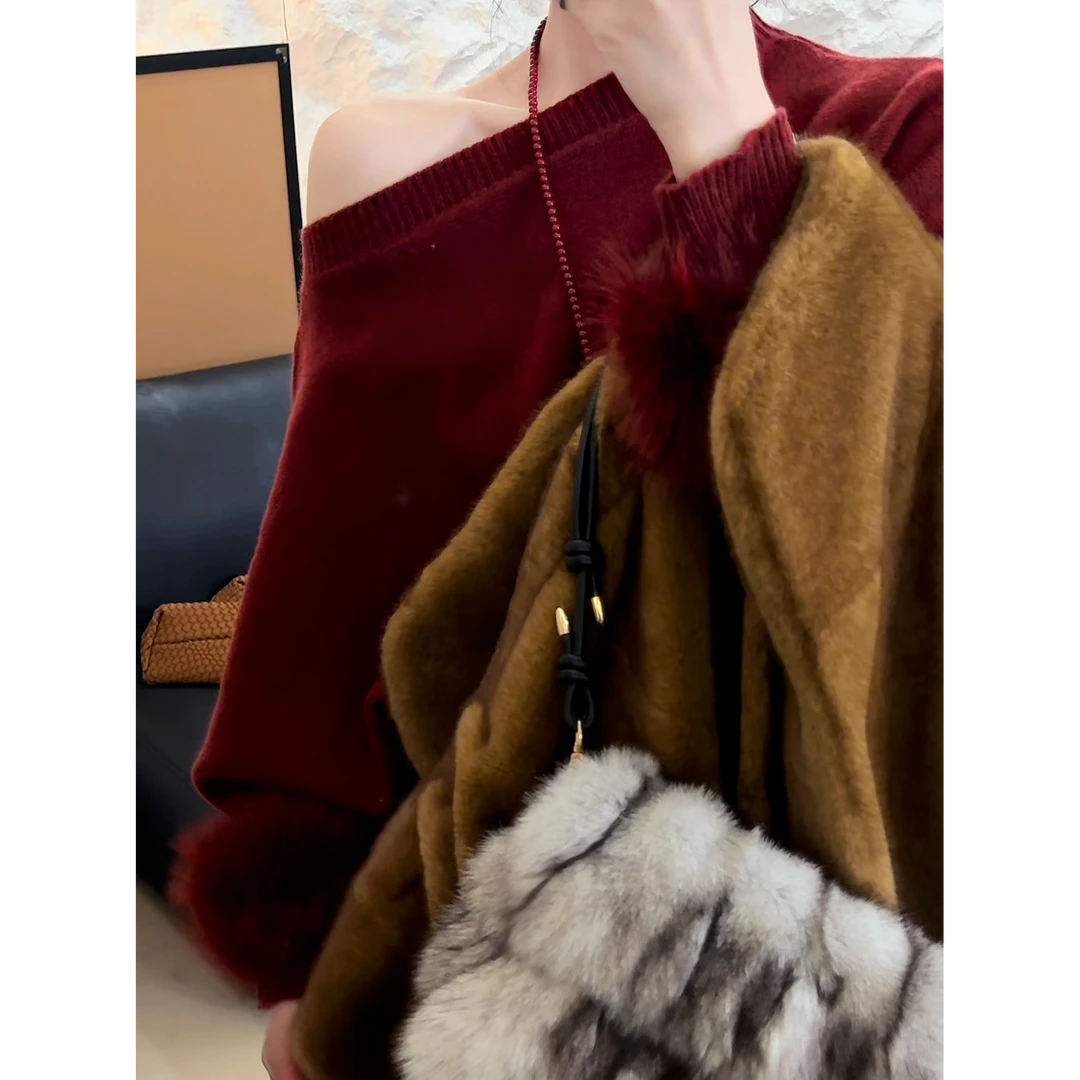 李豆儿 新年红 袖口环保毛设计毛衣上衣