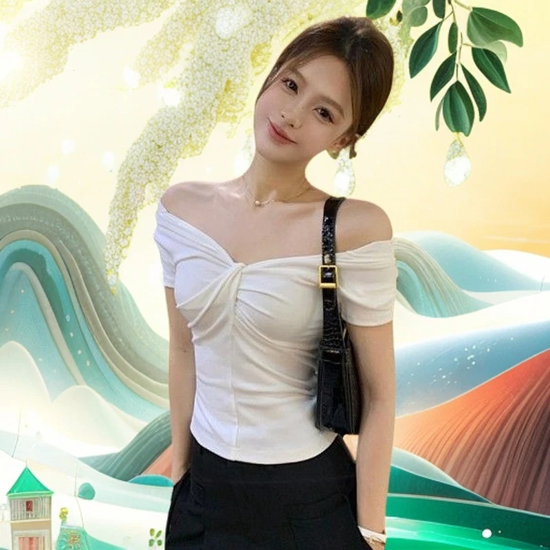 设计感扭结V领短袖T恤女夏2025短款修身辣妹正肩小个子上衣P1010