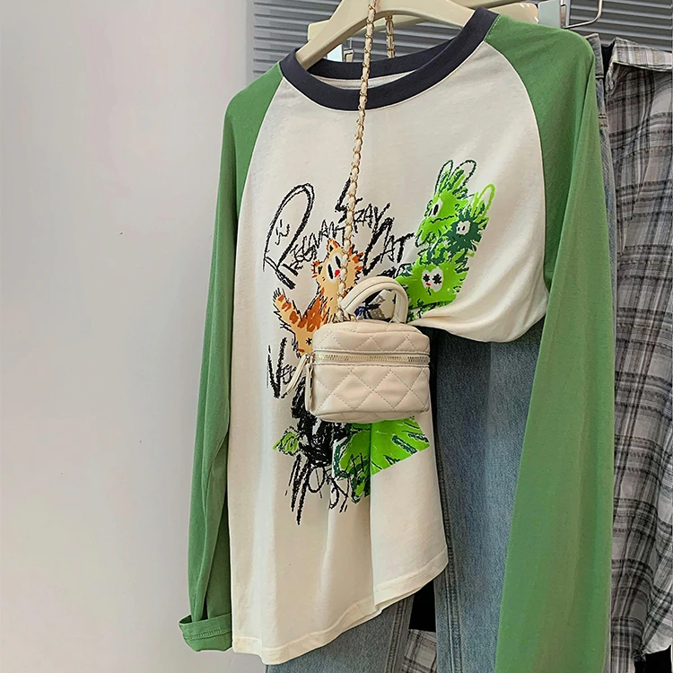 【胖妹妹】撞色卡通涂鸦长袖t恤女欧货洋气宽松设计感插肩上衣ins潮