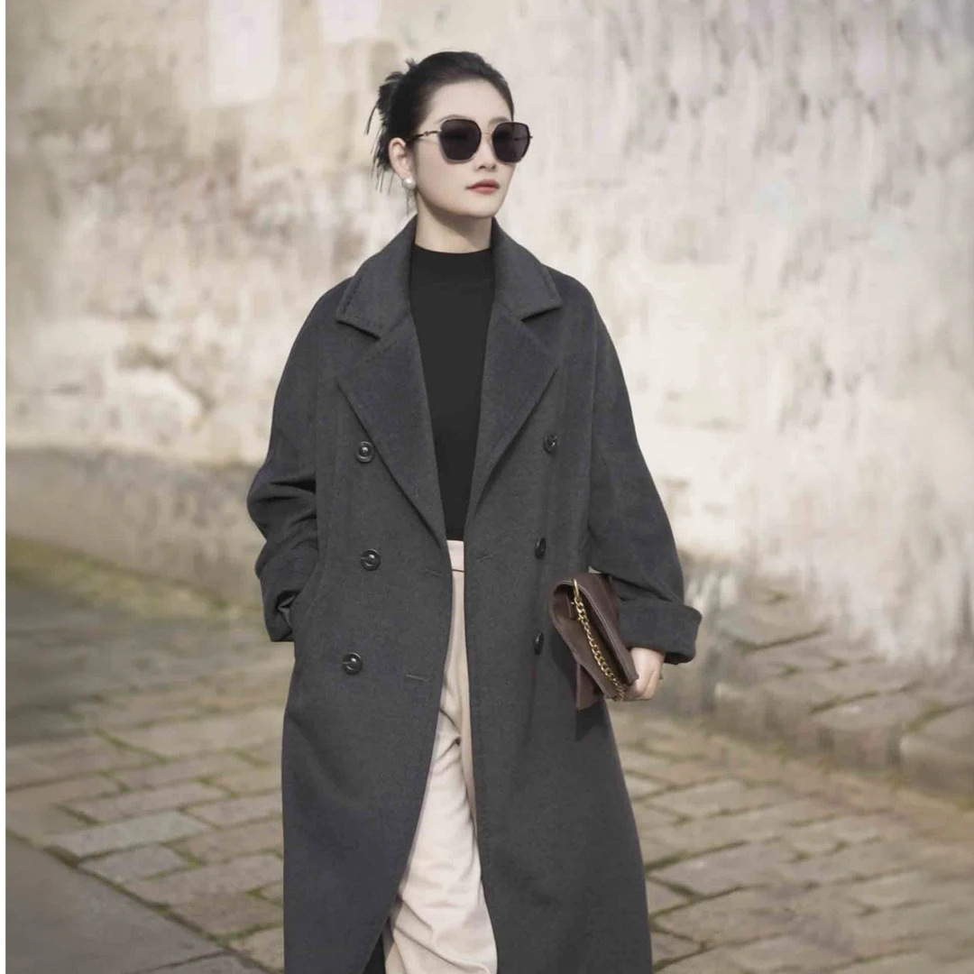 德莱妮思【801款】双排扣气质长款灰加厚羊绒大衣秋冬慵懒百搭休闲