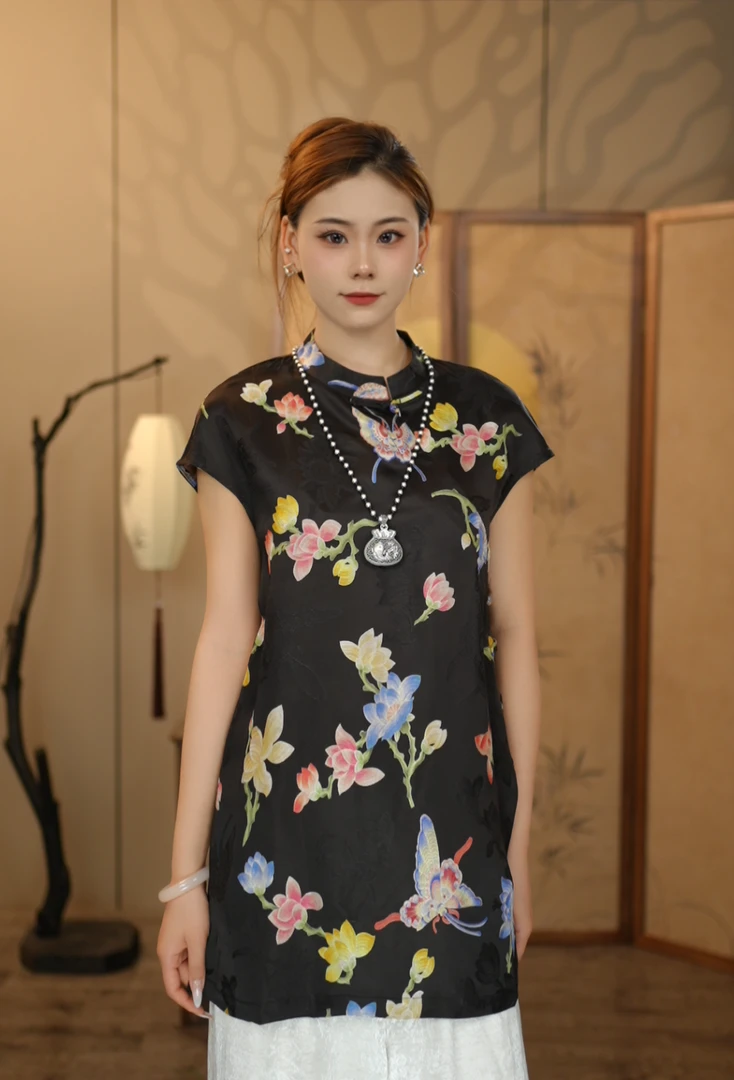 【鹏游蝶梦】春夏国风奥黛小飞袖上衣短袖T恤新中式提花盘扣马甲223