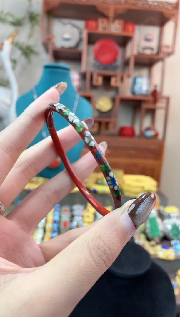 非遗手工雕漆景泰蓝镯子细红色55-60