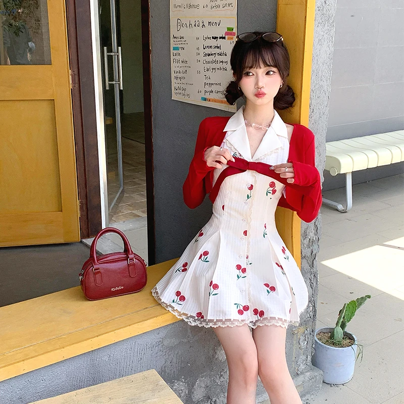 樱桃甜心 织物猪原创 甜美风花边无袖V领连衣裙女樱桃显瘦开衫