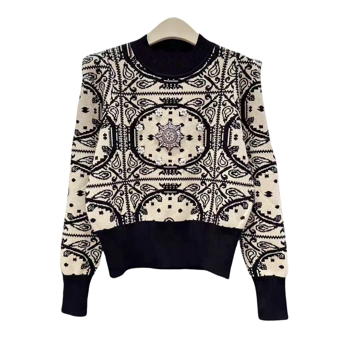 重工钉珠盘花设计感复古风针织套头打底衫上衣女W015