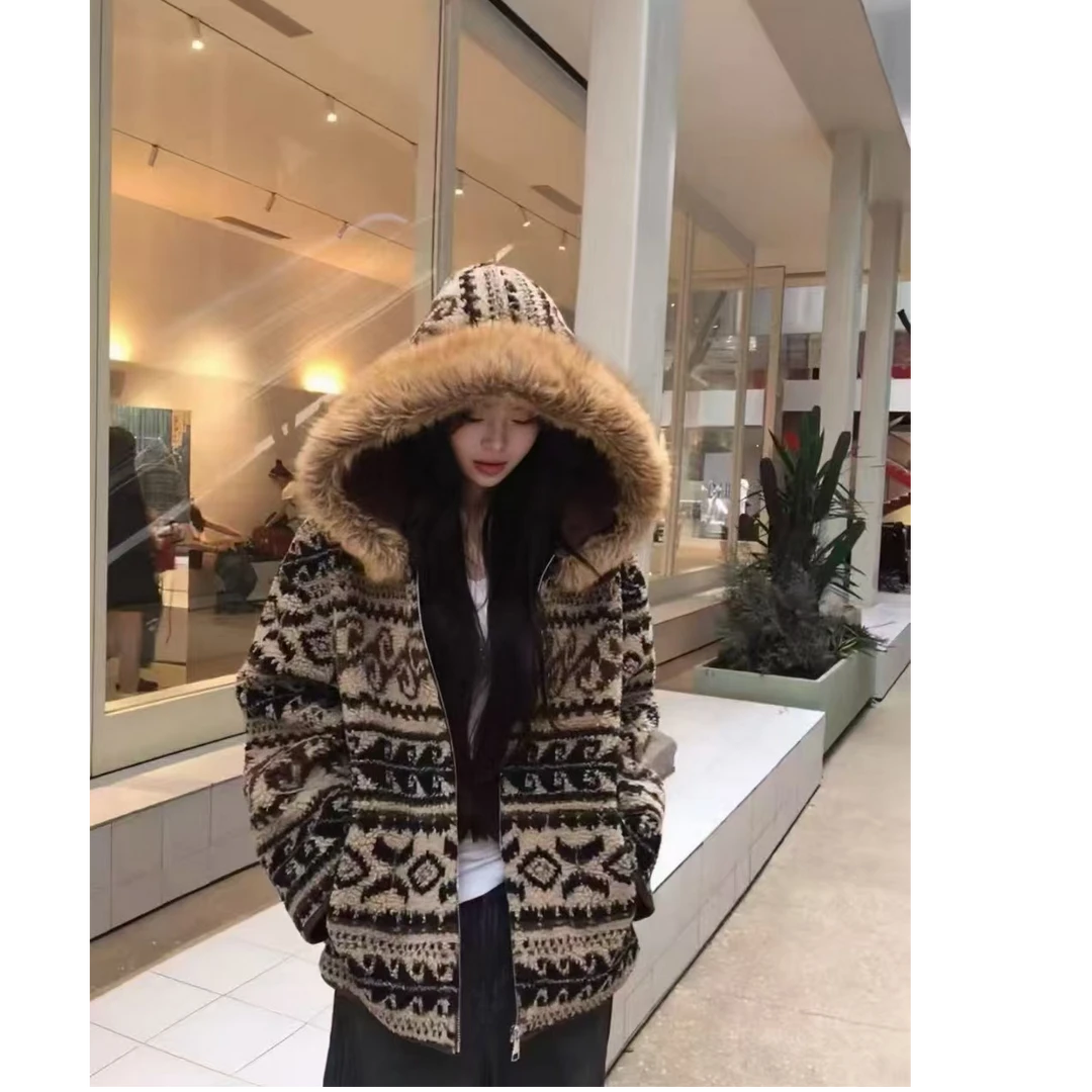 费尔岛复古撞色毛领加厚保暖加绒加厚宽松百搭拉链外套