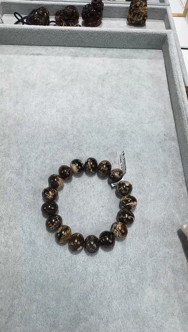 手链琥珀未镶嵌抚顺琥珀  黑金干白花    15MM