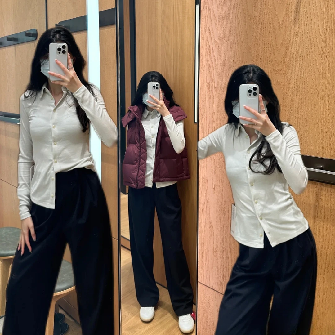 翻领亨利衫女兰精莫代尔纽扣修身长袖瑜伽服T恤上衣