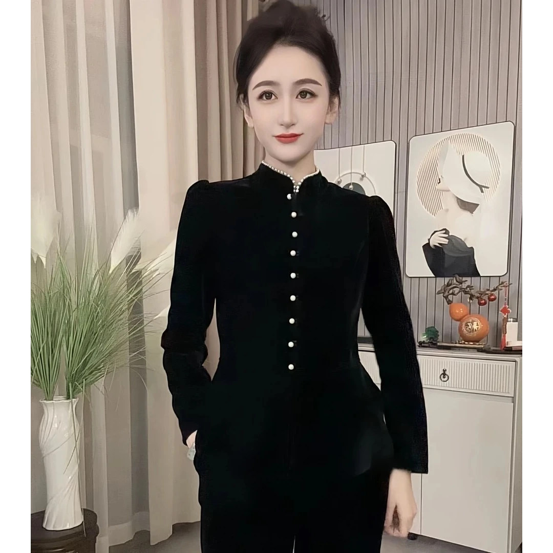 定制丝绒加厚重工串珠时尚设计师款气质百搭上衣