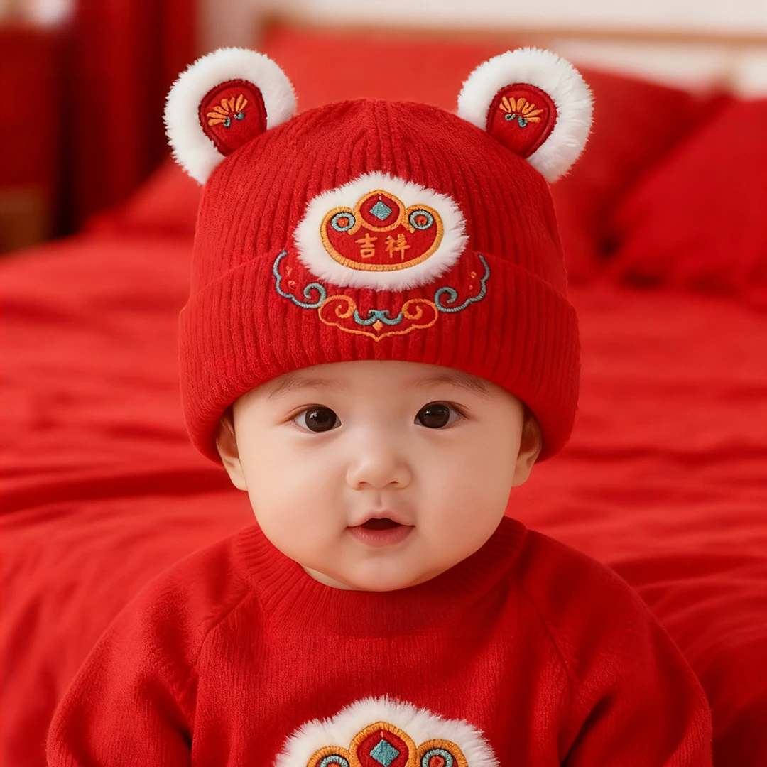 婴儿新年帽子冬季喜庆小月龄加厚针织帽新生儿宝宝红色保暖毛线帽