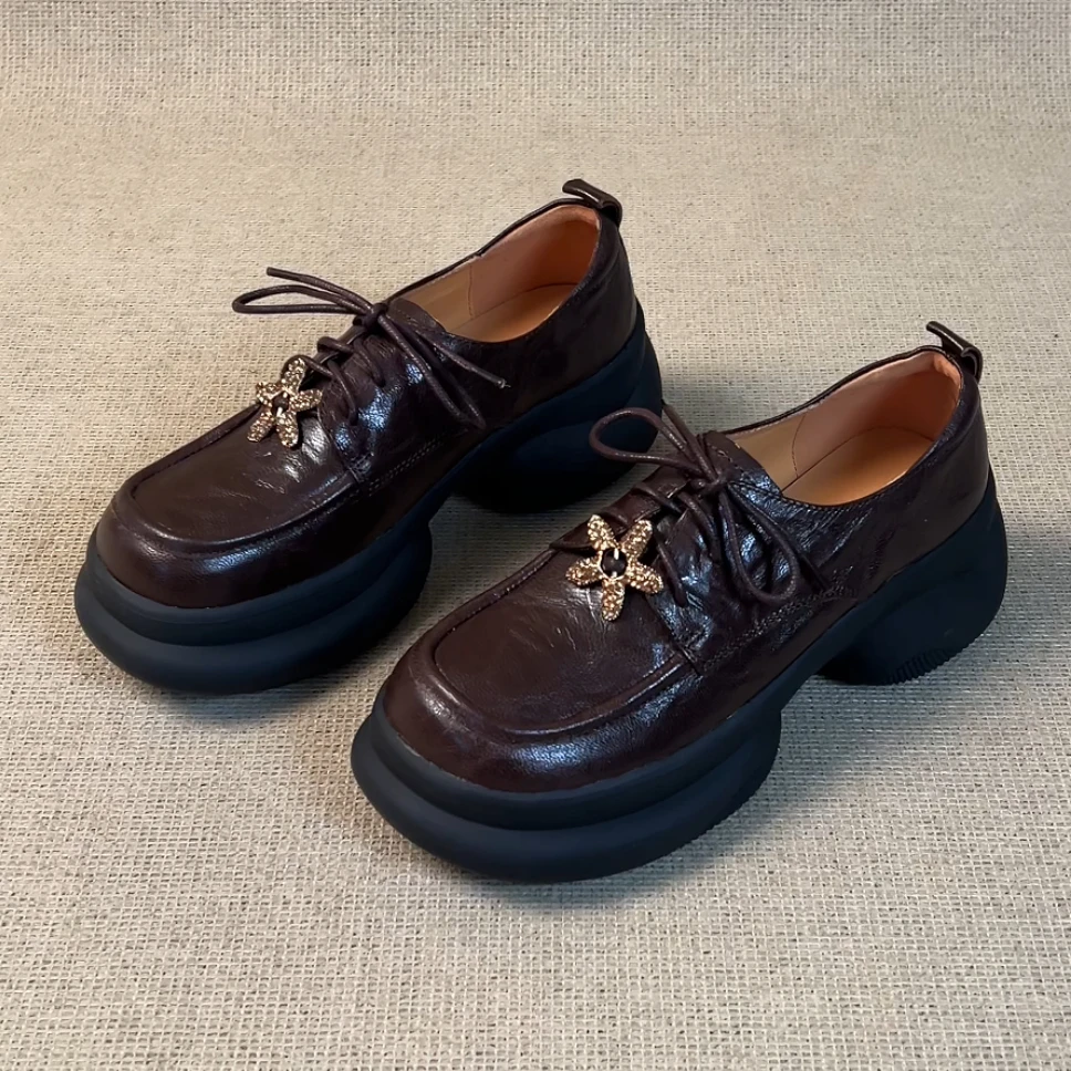 RubyL/6cm复古通勤百搭舒适山茶花系带圆头松糕厚底乐福鞋女款