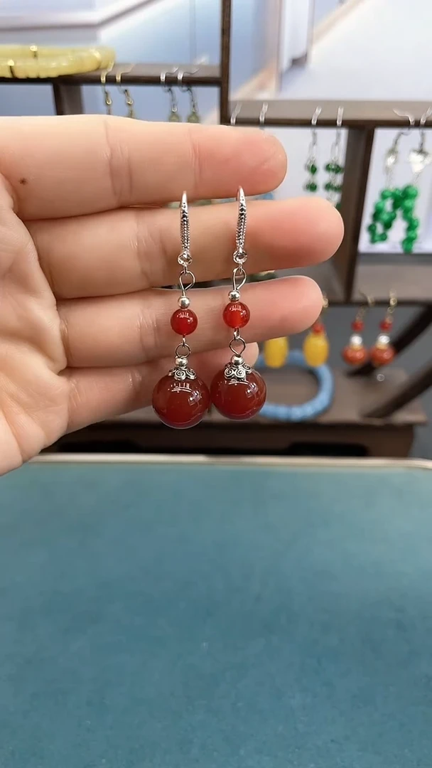 银S925镶嵌南红玛瑙耳饰14mm南红双珠