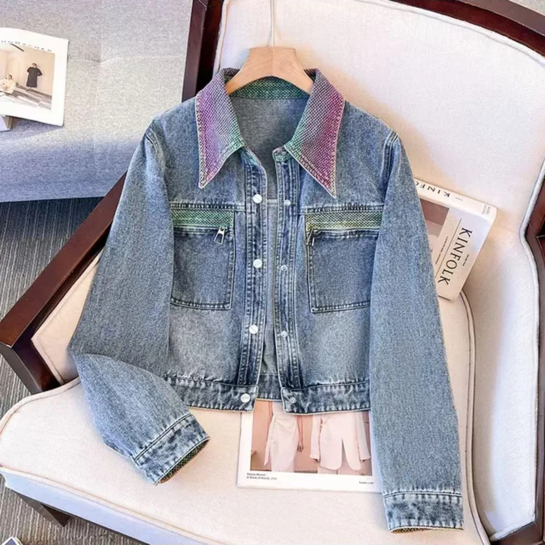 2025春秋新款时尚翻领拼色牛仔外套女渐变色休闲上衣8801长47