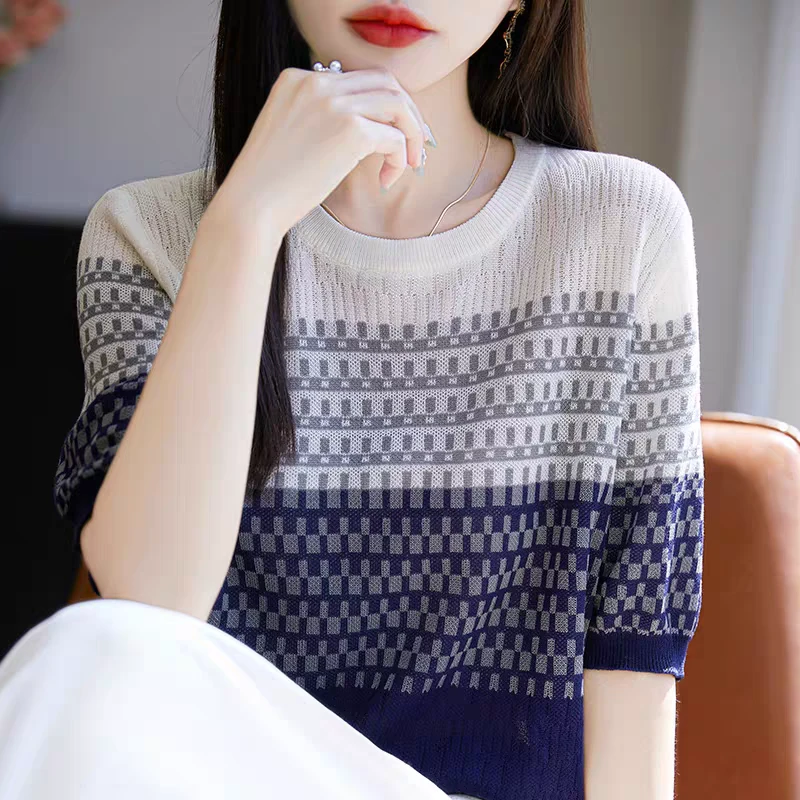 【几何美感】100%莱赛尔天丝  高级感渐变色条纹圆领针织短袖