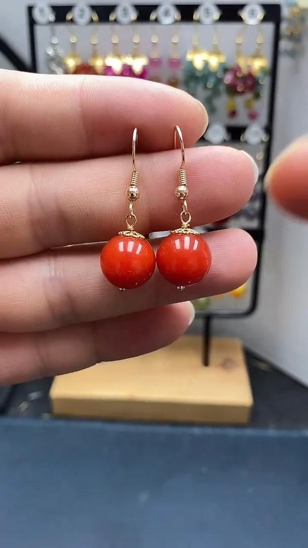 银S925镀金镶嵌南红玛瑙耳饰尺寸12mmC3