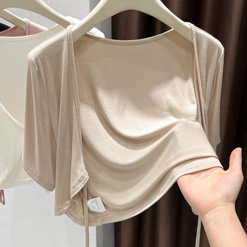 咖色洋气正肩系带软糯皮肤衣女夏季V领外搭配吊带裙开衫短外套潮