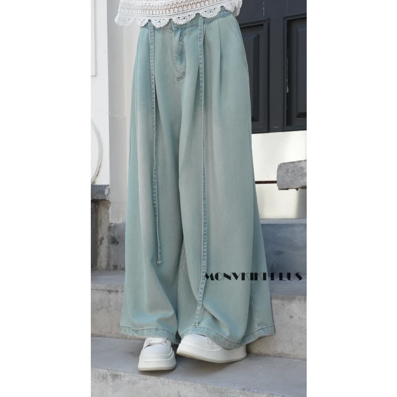 MoNvKiKiPlus“青花瓷2“大码微胖65%莱赛尔宽松牛仔阔腿裤#A129