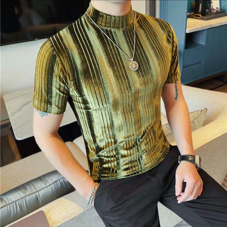 秋季男士内搭小中领短袖T恤时尚潮流韩版修身绒布条纹半袖打底衫
