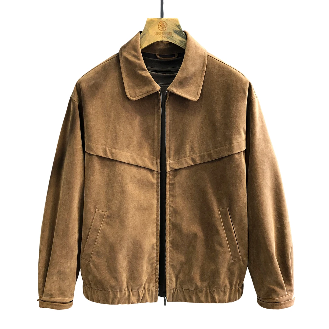 蒙鲁巴恩美拉德复古高级感麂皮感翻领外套男士秋季宽松飞行夹克男