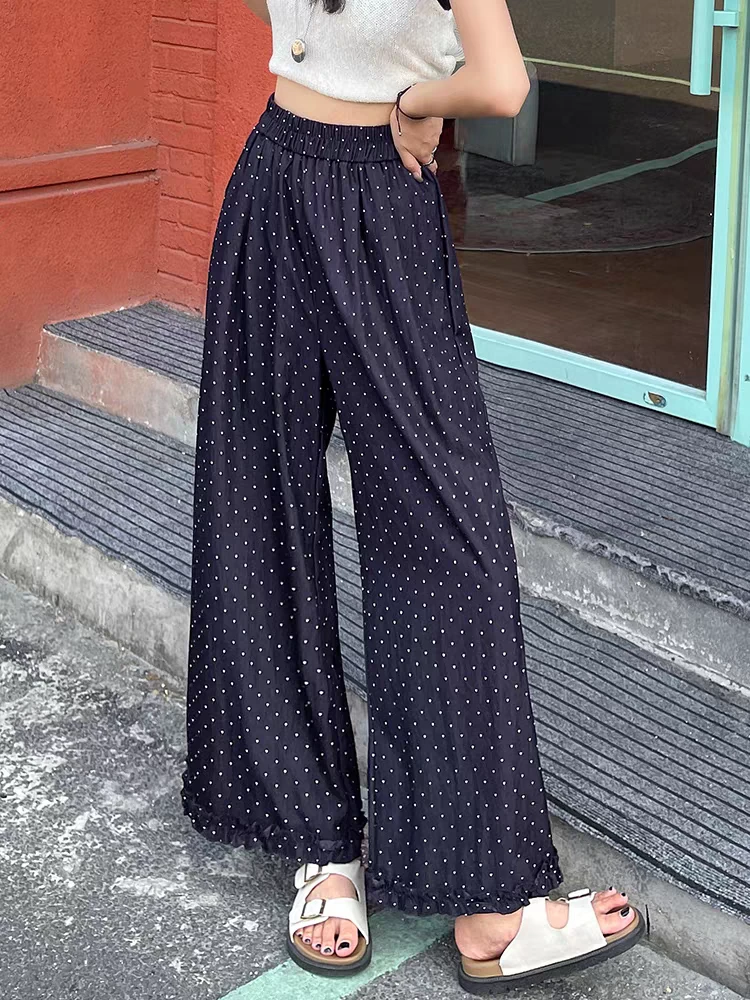 深蓝色波点胖mm阔腿裤女夏季2025新款高腰显瘦薄款冰丝休闲裤