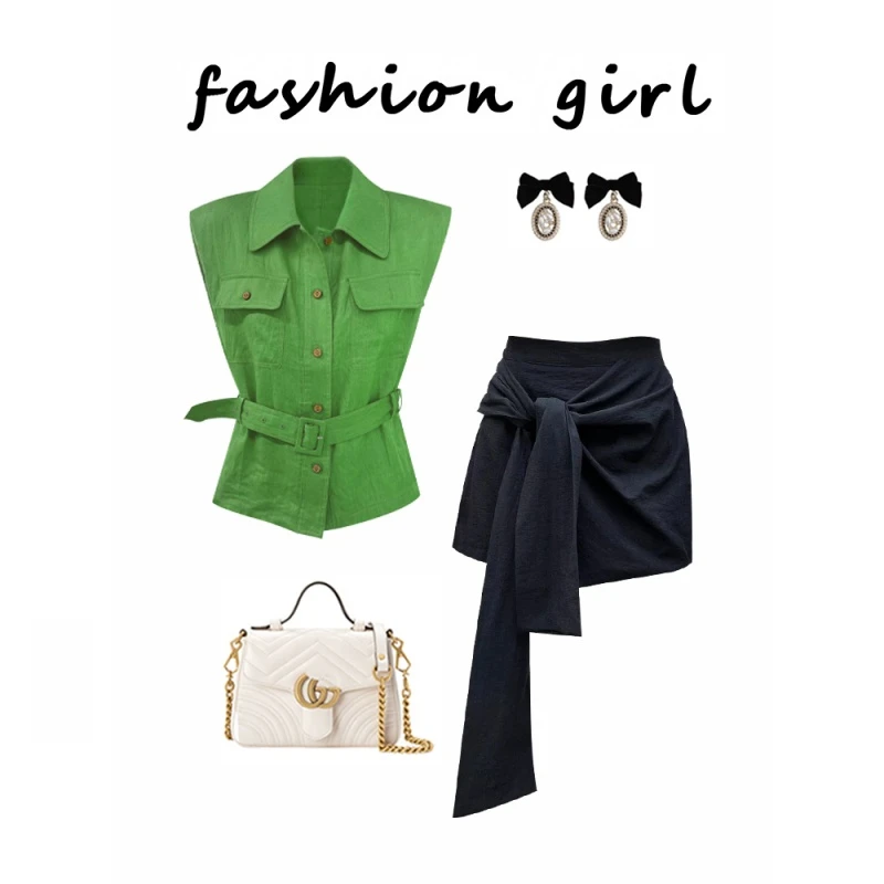 夏季新款韩系穿搭减龄时尚绿色衬衫百搭慵懒松弛感黑色半身裙套装