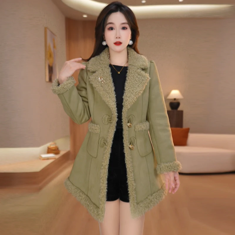 高档绒毛一体小个子时尚中长外套2025冬季新款厚保暖减龄显瘦外套