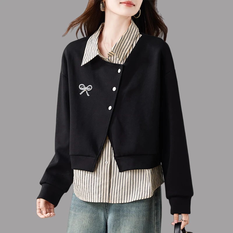 翻领条纹假两件卫衣女2025秋冬新款高级感宽松显瘦设计感小衫上衣