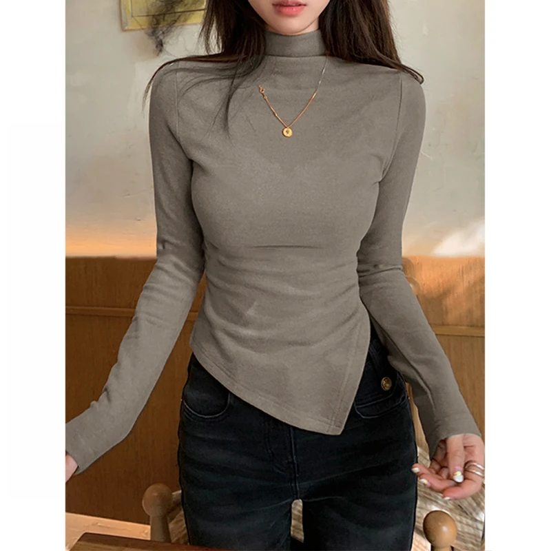 秋冬新款半高领内搭打底衫女德绒不规则开叉辣妹正肩长袖T恤