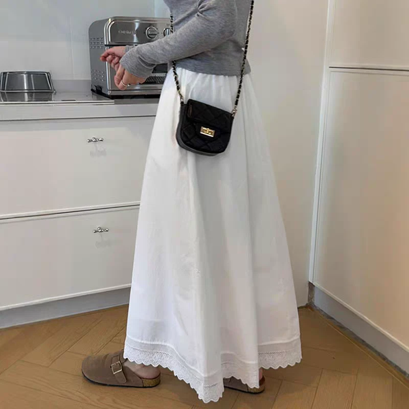 高级感蕾丝花边半身裙春秋新款白色仙女裙遮胯显瘦法式高腰中长裙