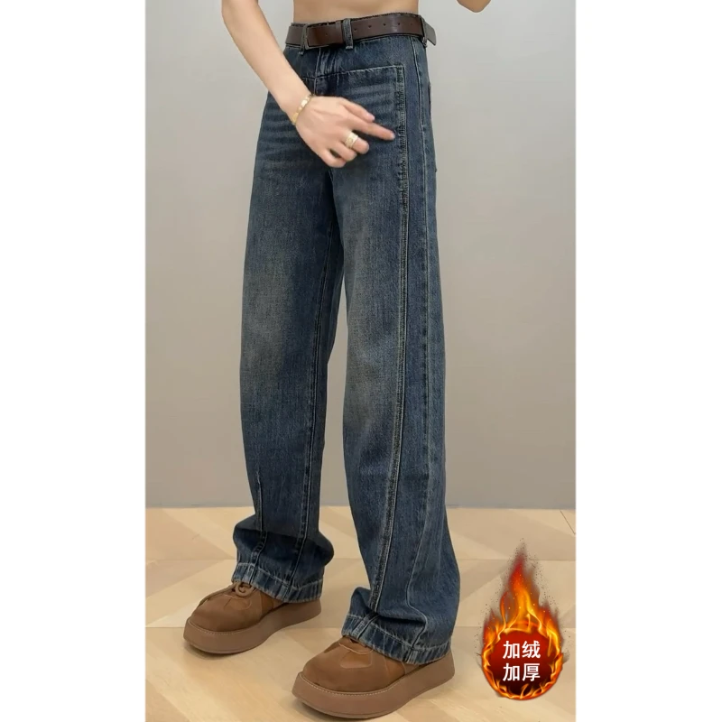 大码女装冬季爆款加绒洋气百搭牛仔裤女梨形身材高腰显瘦弯刀裤子